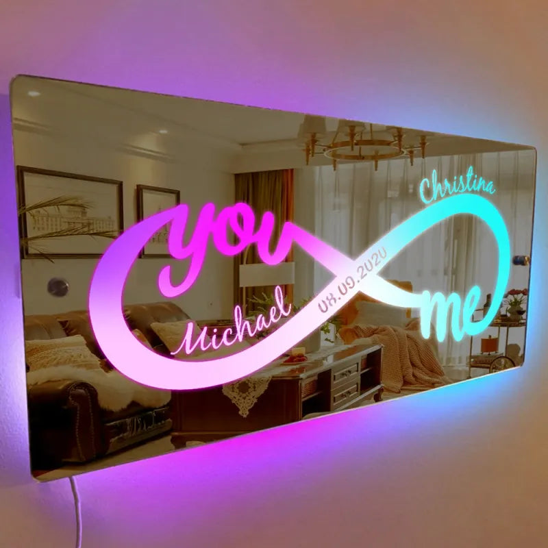 Miroir lumineux personnalisé avec nom, cadeau d'amour infini pour couples