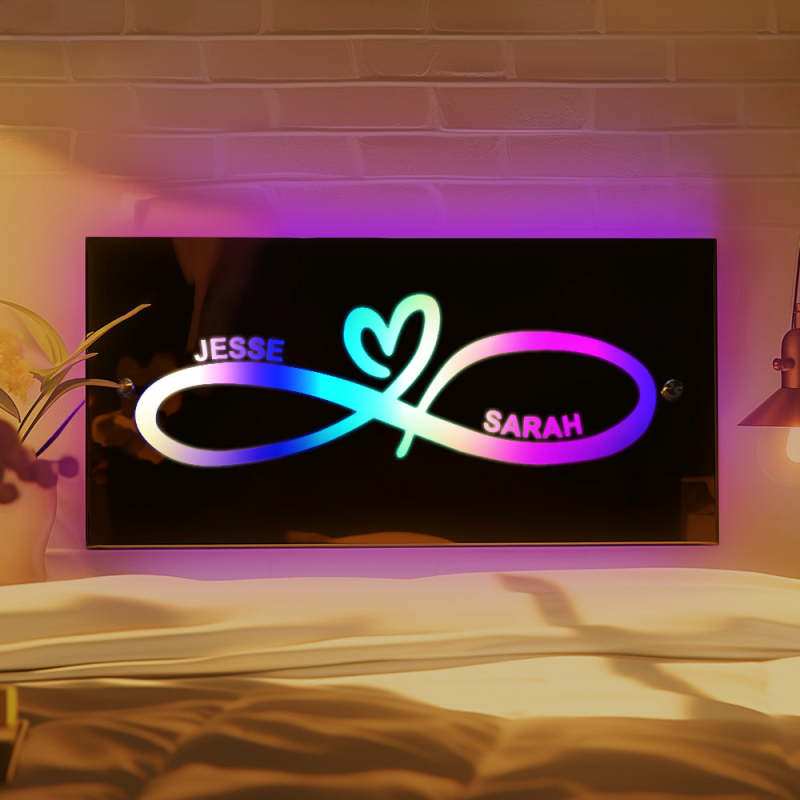Miroir lumineux personnalisé avec nom et cœur infini, cadeau pour couple