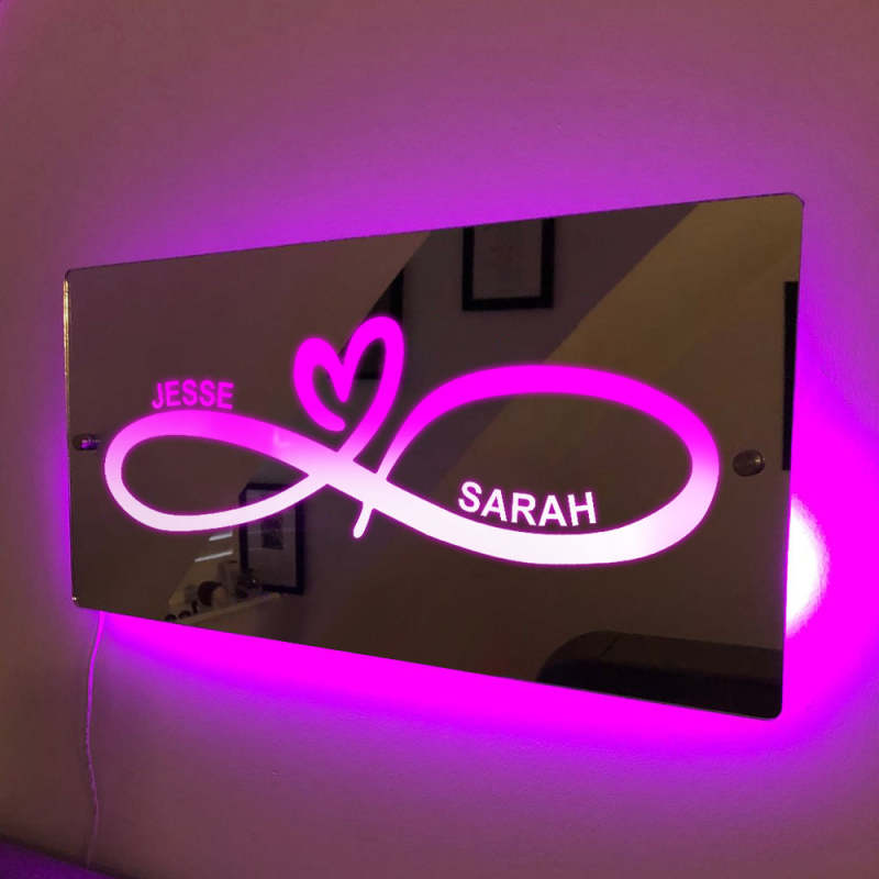 Miroir lumineux personnalisé avec nom et cœur infini, cadeau pour couple