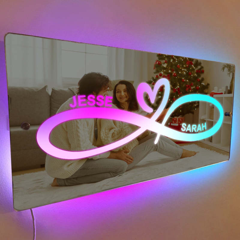 Miroir lumineux personnalisé avec nom et cœur infini, cadeau pour couple