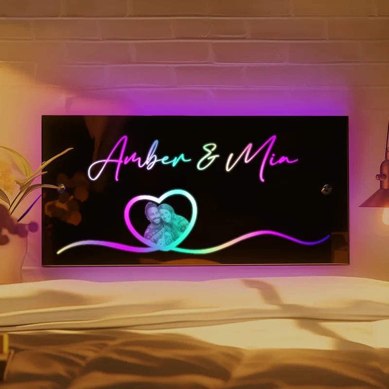 Miroir photo personnalisé avec nom et cœur lumineux, cadeau pour couple