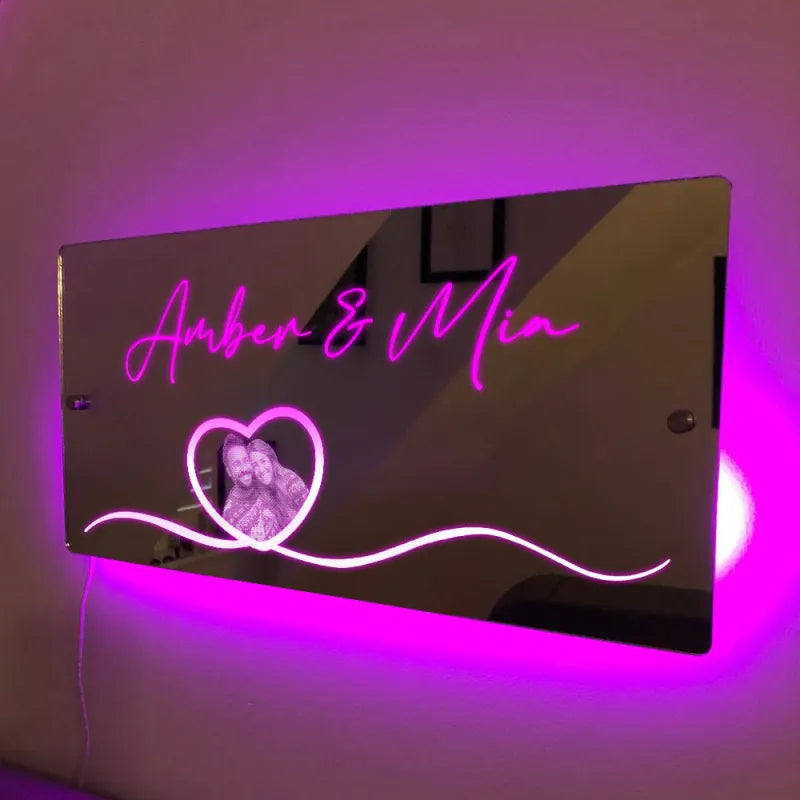 Miroir photo personnalisé avec nom et cœur lumineux, cadeau pour couple