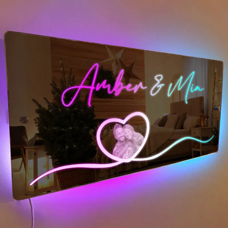 Miroir photo personnalisé avec nom et cœur lumineux, cadeau pour couple