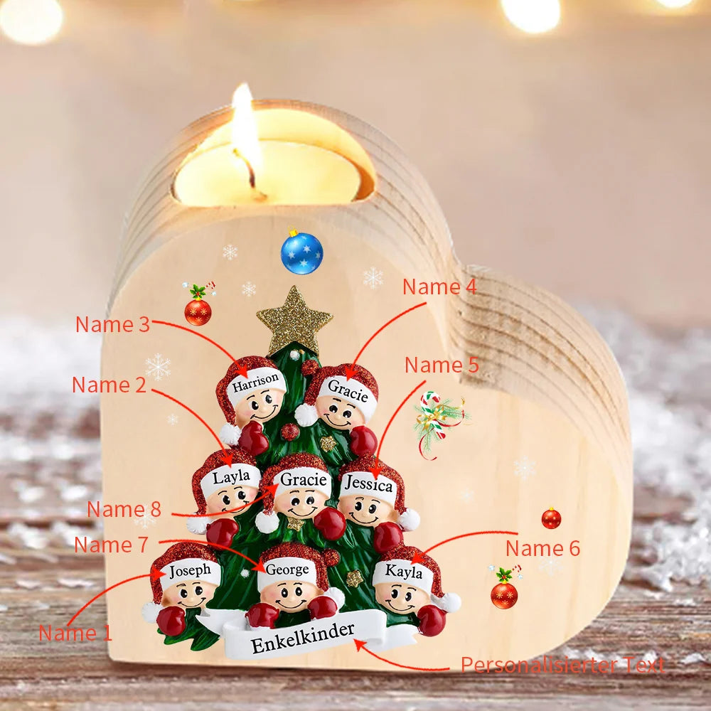 Hartvormige kaarsenhouder gepersonaliseerd met 2-8 namen en tekst voor de kerstboom