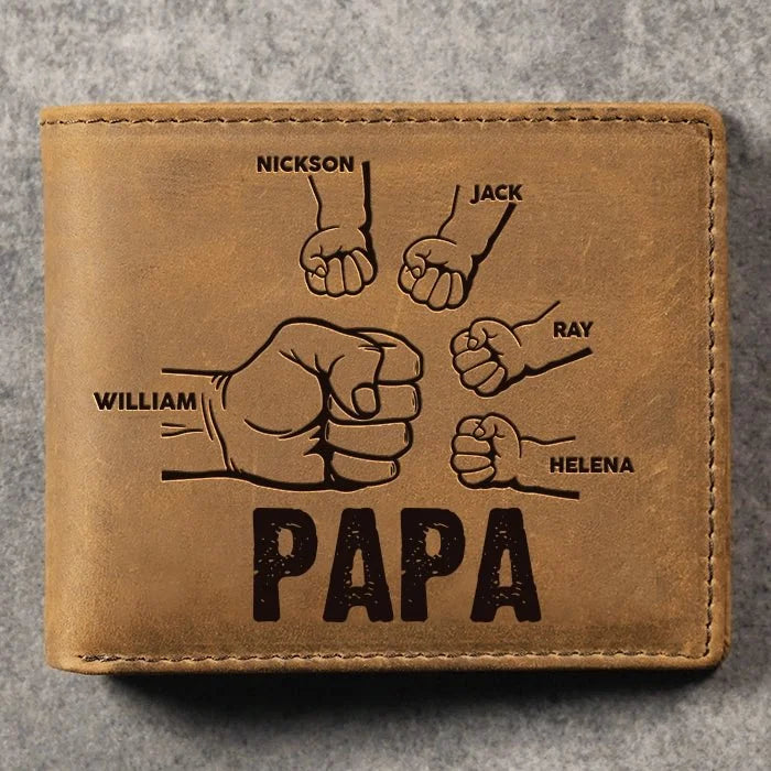 Gepersonaliseerde leren portemonnee voor mannen met 2-6 namen, cadeau voor vader en kinderen