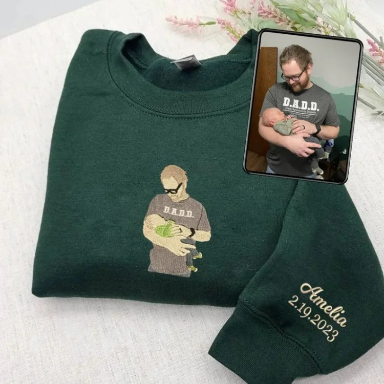 Geborduurd shirt voor de eerste keer vader | Aangepast shirt voor nieuwe vaders | Gepersonaliseerd T-shirt met foto van papa | Cadeau voor nieuwe vaders