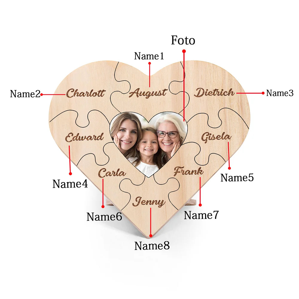 Familie Hart Houten Decoratie - Gepersonaliseerde Foto & 3-9 Naam Puzzel Bureaudecoratie Houten Ornament