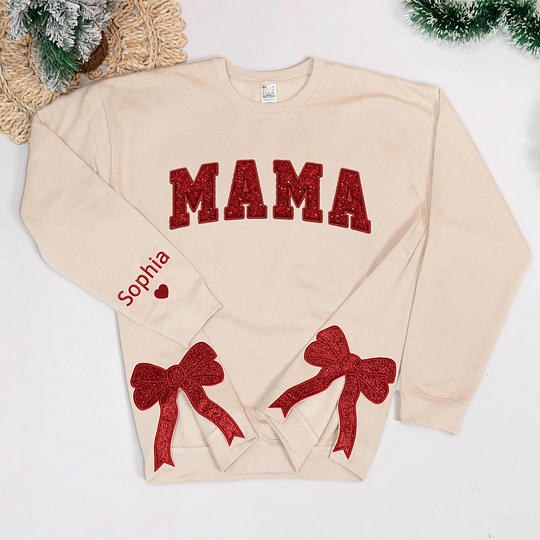 Gepersonaliseerde kersttrui met geborduurde strik, trui met strik aan de zijkant en applicatie, glitterkersttrui