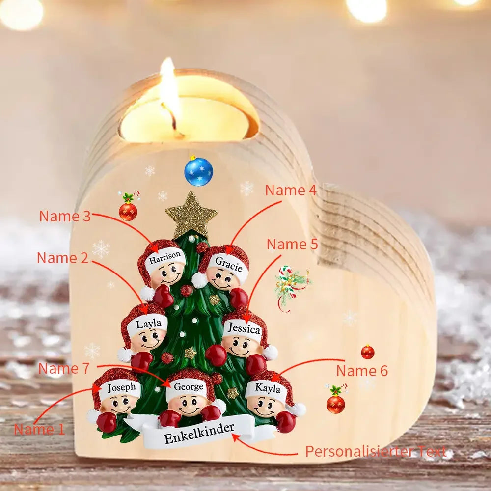 Hartvormige kaarsenhouder gepersonaliseerd met 2-8 namen en tekst voor de kerstboom