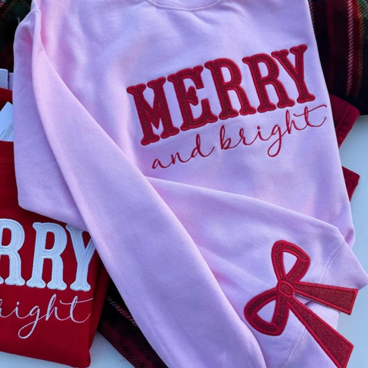 Vrolijke en fleurige sweater met geborduurde strik / Sweatshirt met strik aan de zijkant en applicatie / Sweatshirt met kerststrik / Glitterkerstsweater