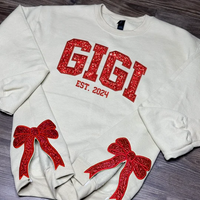 Gepersonaliseerde kersttrui met geborduurde strik, trui met strik aan de zijkant en applicatie, glitterkersttrui