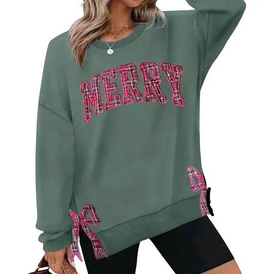Vrolijke sweater met strik aan de zijkant en uitsparing, geruite kersttrui, trendy speelse strik