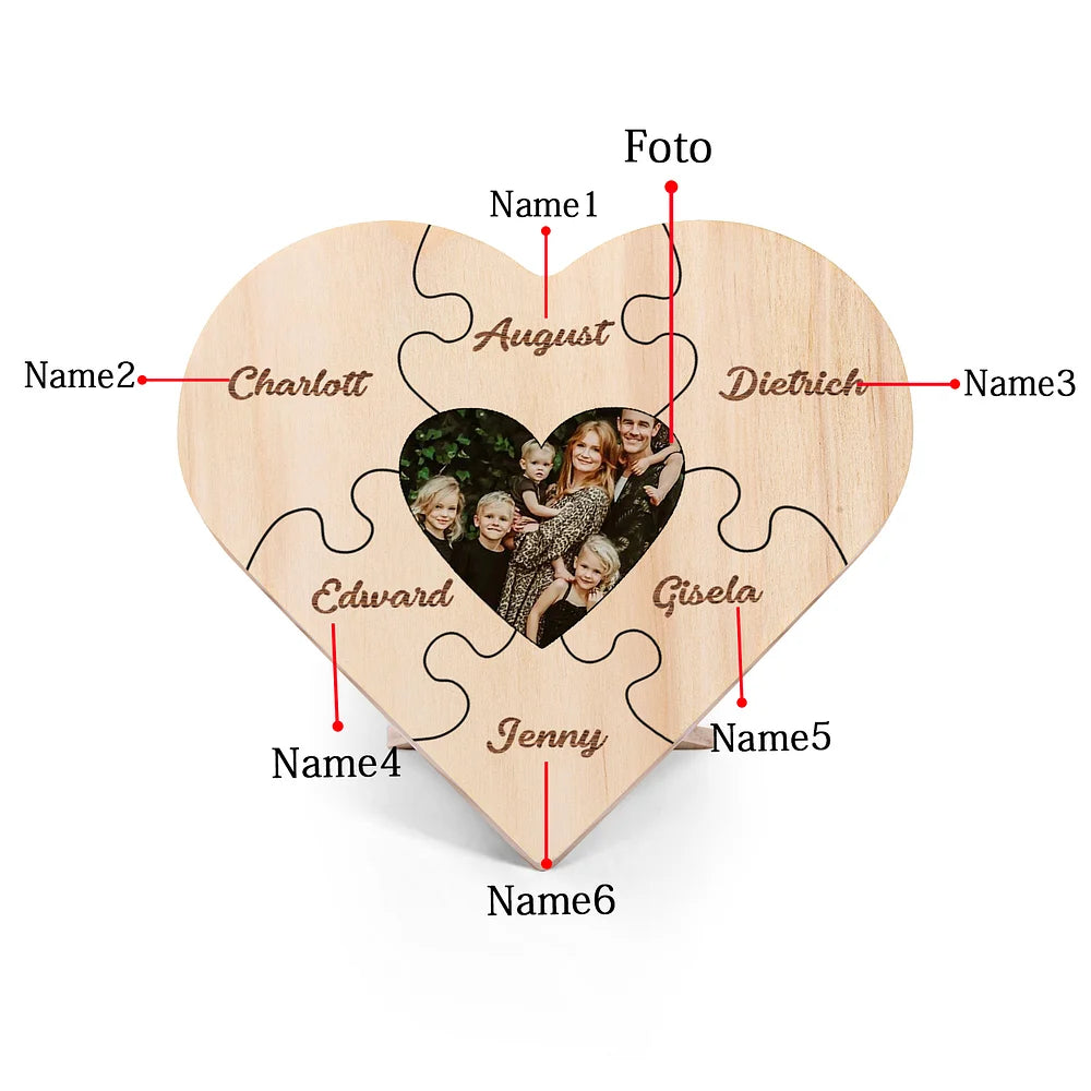 Familie Hart Houten Decoratie - Gepersonaliseerde Foto & 3-9 Naam Puzzel Bureaudecoratie Houten Ornament