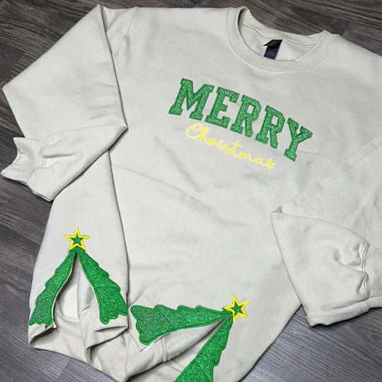 Sweat-shirt personnalisé avec broderie, nœud latéral pailleté et motif sapin de Noël, cadeau créatif pour un être cher