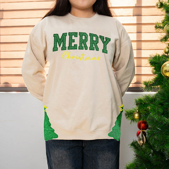 Sweat-shirt personnalisé avec broderie, nœud latéral pailleté et motif sapin de Noël, cadeau créatif pour un être cher