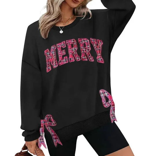 Vrolijke sweater met strik aan de zijkant en uitsparing, geruite kersttrui, trendy speelse strik