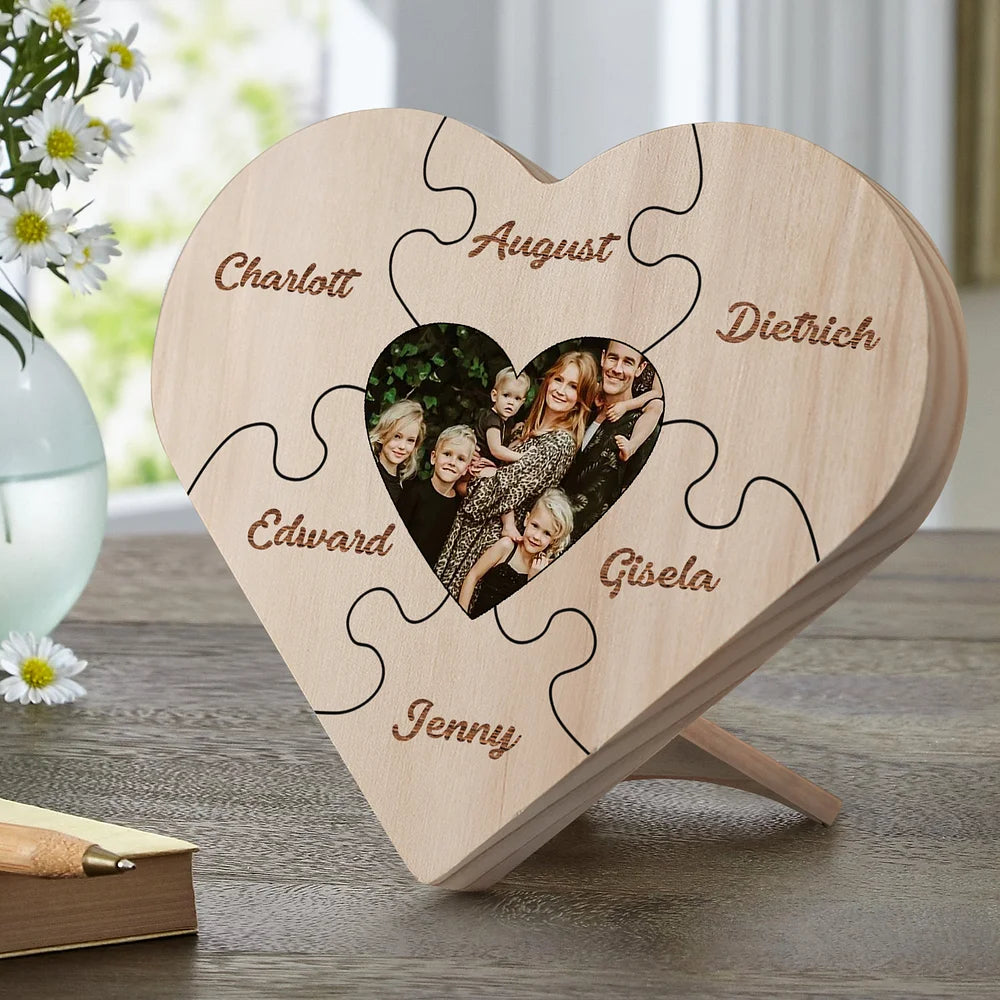 Familie Hart Houten Decoratie - Gepersonaliseerde Foto & 3-9 Naam Puzzel Bureaudecoratie Houten Ornament