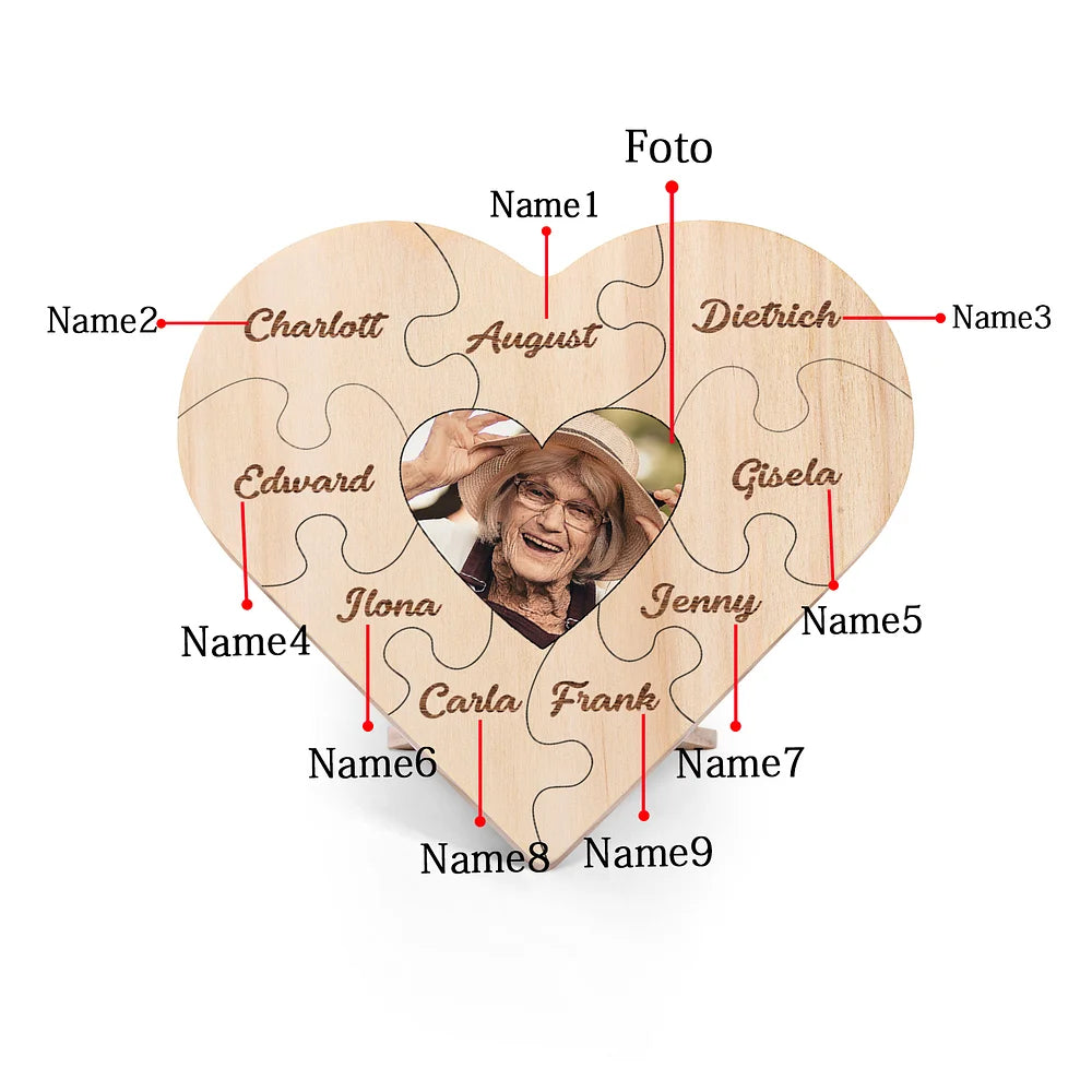 Familie Hart Houten Decoratie - Gepersonaliseerde Foto & 3-9 Naam Puzzel Bureaudecoratie Houten Ornament