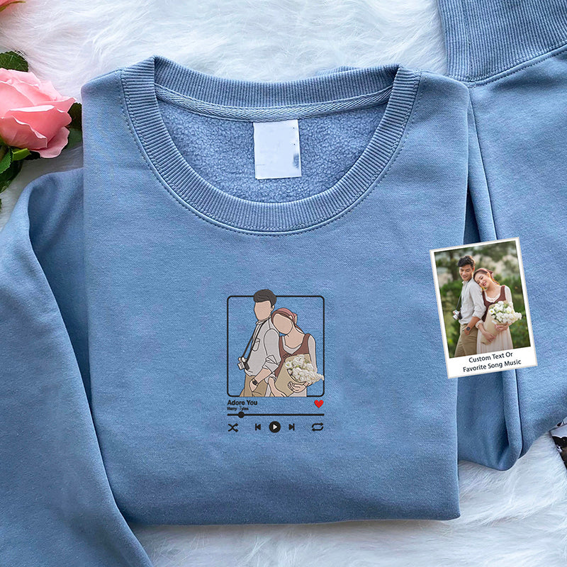 Cadeaux de Noël Sweat-shirt brodé personnalisé Portrait Lecteur de musique Couple Cadeau de famille