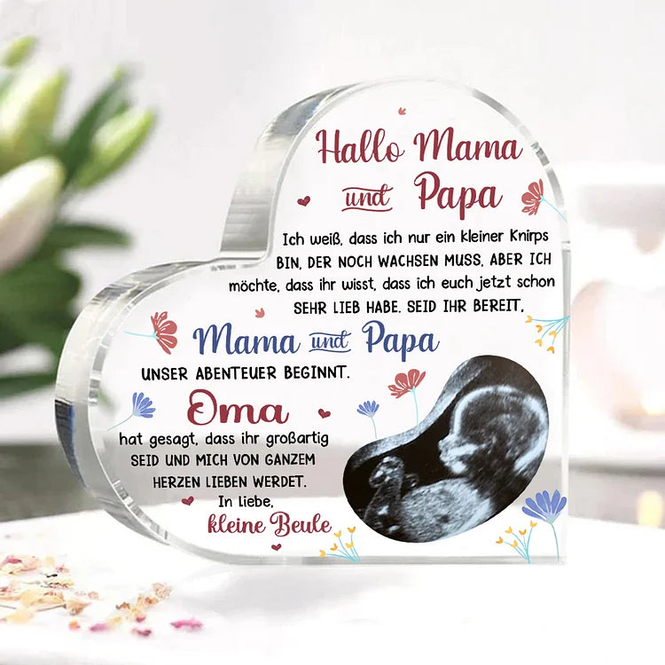 Décoration acrylique personnalisée avec 1 nom, texte et photo Bonjour papa et maman Décoration de bureau pour les nouveaux parents