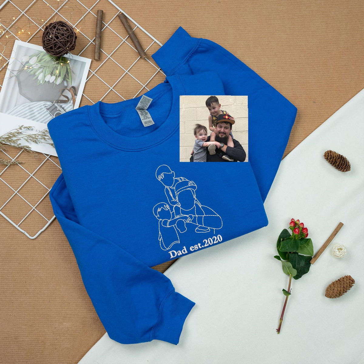 Papa sweatshirt met foto, gepersonaliseerd geborduurd portretshirt met naam op de mouw, vader-dochterportret, papa hoodie, papa cadeau