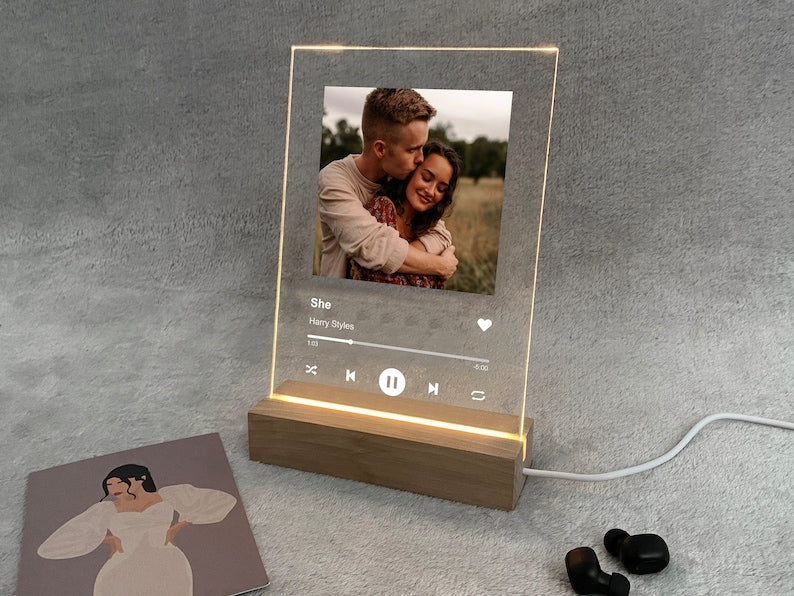 Gepersonaliseerde acryl fotoplaat met liedjes, aangepaste albumhoes met liedjes, scanbaar led-nachtlampje