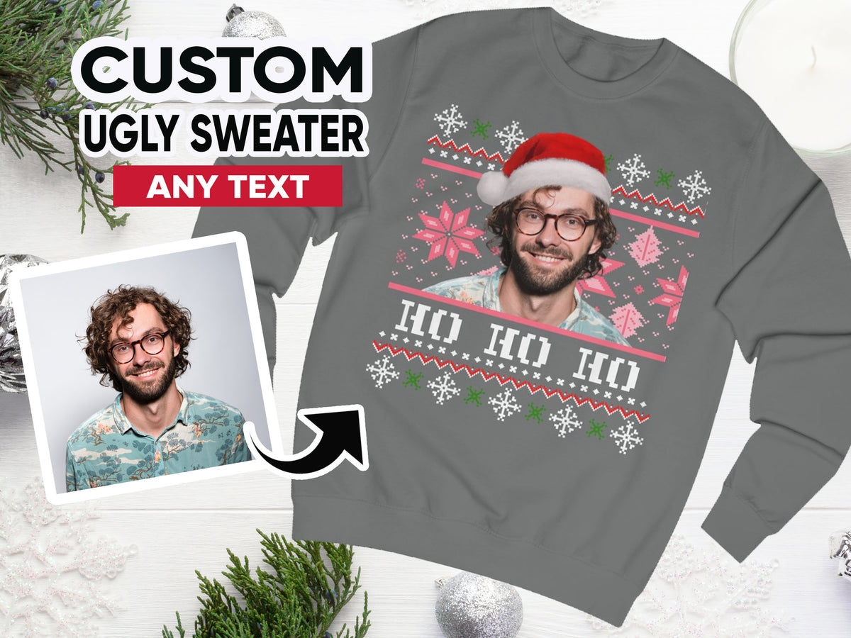 Gepersonaliseerde lelijke kersttrui, fotokersttrui, gepersonaliseerde trui met gezicht, lelijke kerstmuts, gezicht op kersttrui