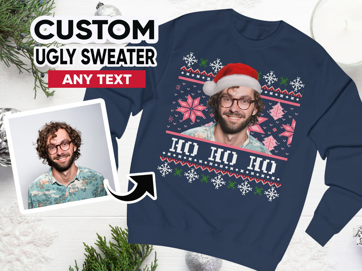 Gepersonaliseerde lelijke kersttrui, fotokersttrui, gepersonaliseerde trui met gezicht, lelijke kerstmuts, gezicht op kersttrui