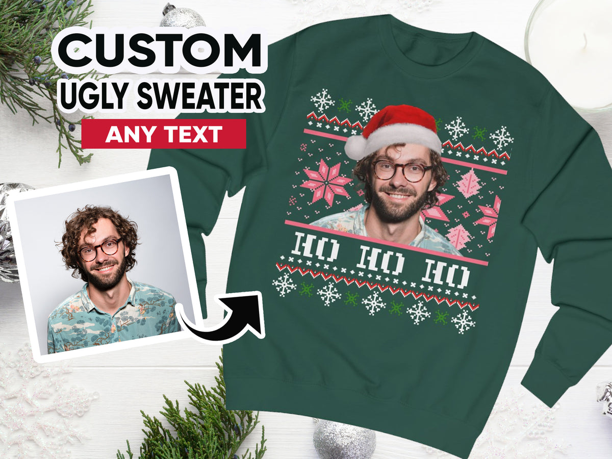 Gepersonaliseerde lelijke kersttrui, fotokersttrui, gepersonaliseerde trui met gezicht, lelijke kerstmuts, gezicht op kersttrui
