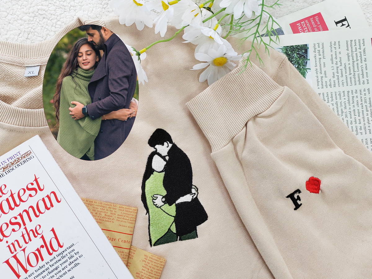 Gepersonaliseerde fotoportret geborduurde sweatshirt met capuchon voor koppels