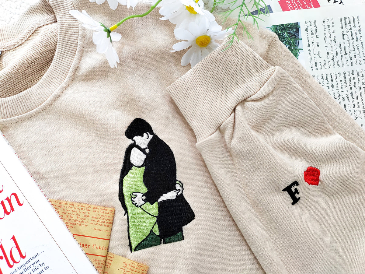 Gepersonaliseerde fotoportret geborduurde sweatshirt met capuchon voor koppels