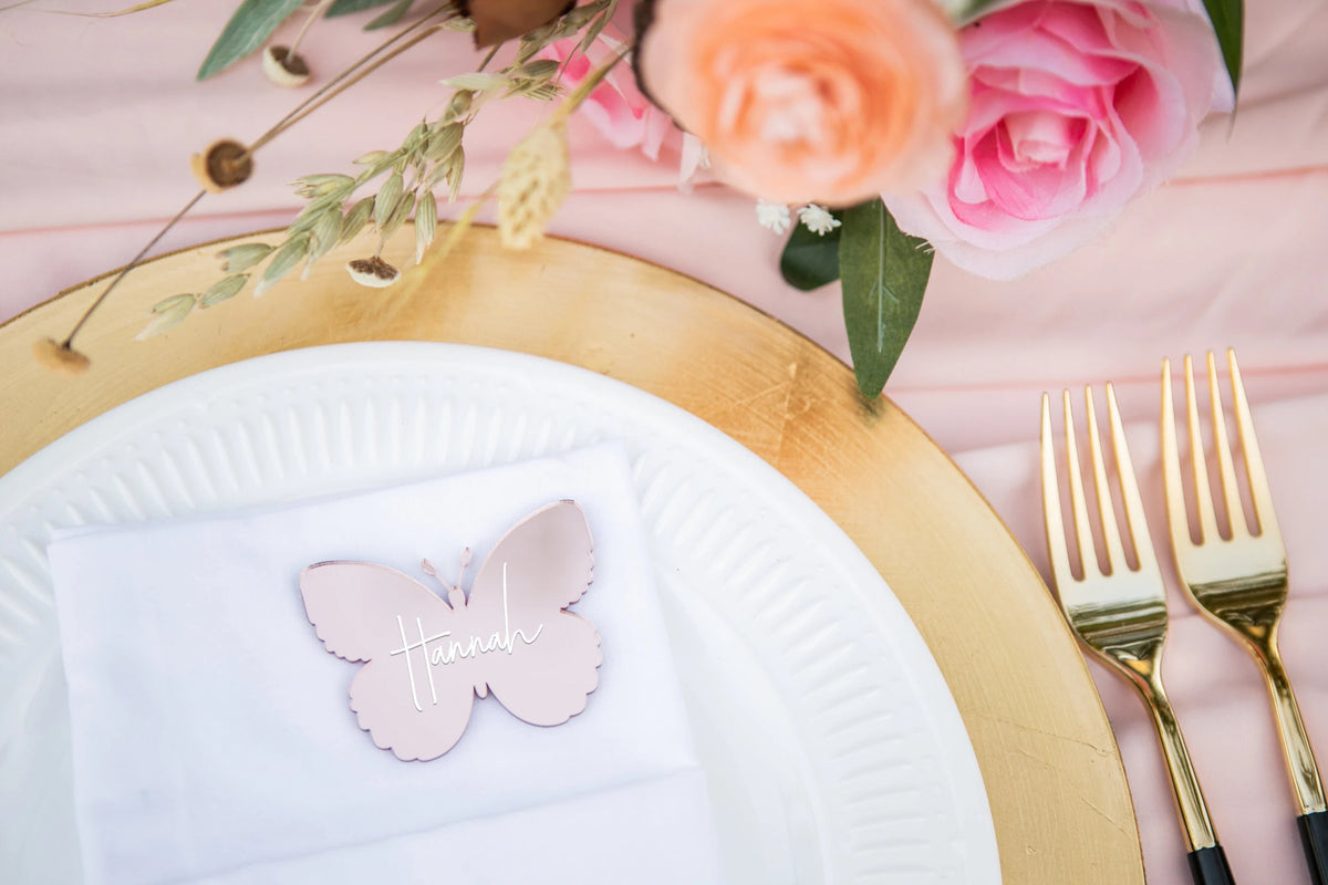 Marque-places papillon, étiquettes nominatives pour noms d'assiettes, enterrement de vie de jeune fille, dîner, fête, noms d'assiettes, décoration de table, étiquettes nominatives, marque-places pour panneaux de table de fête