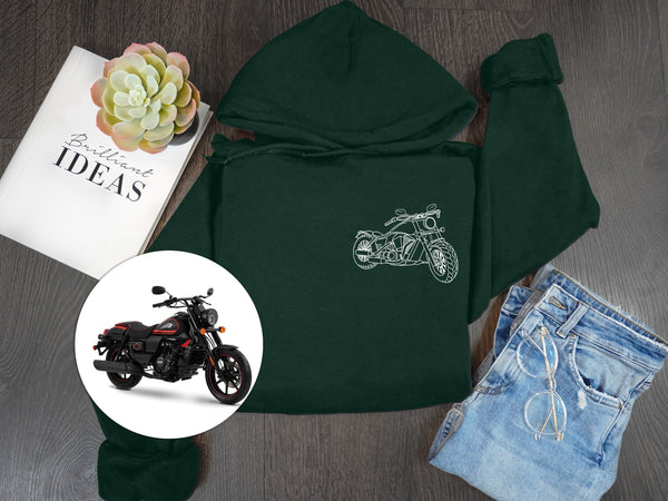 Fotoportret Hoodie, bedrukt portret met omtrek in zakformaat voor een motorfiets, aangepast lijnkunstcadeau voor motorrijders