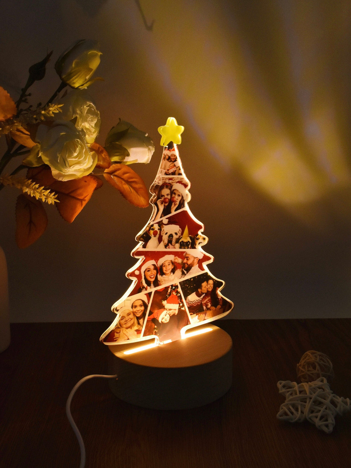 Lampe photo collage personnalisée en forme de sapin de Noël avec photos