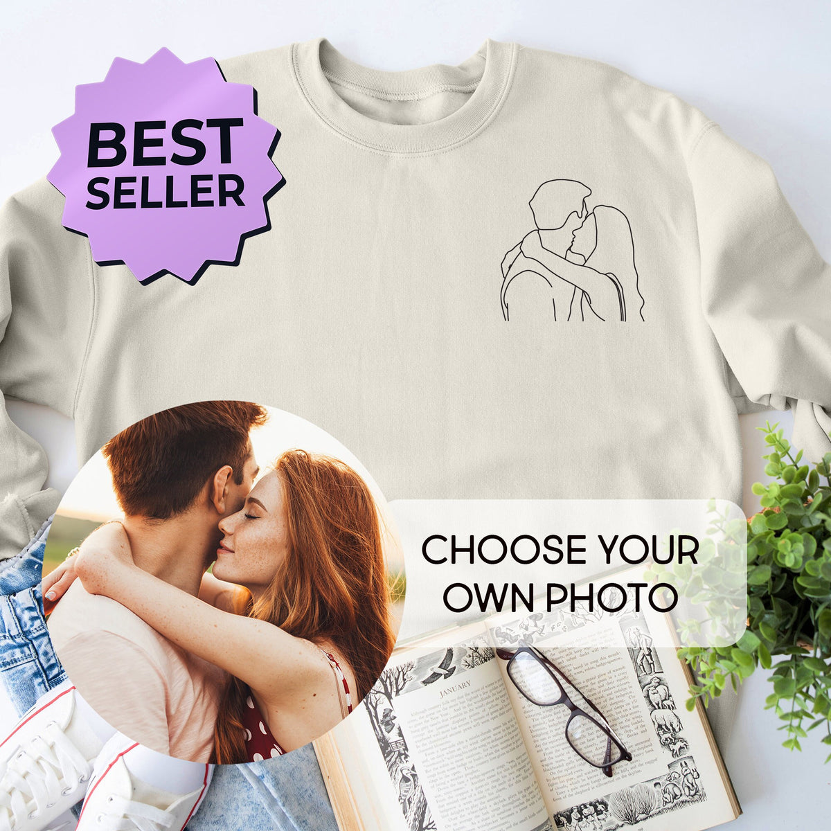 Aangepast portret van foto naar shirt, sweatshirt met omtrekfoto, aangepaste foto, aangepast portret, koppelhoodie, koppelshirt, koppelhoodie