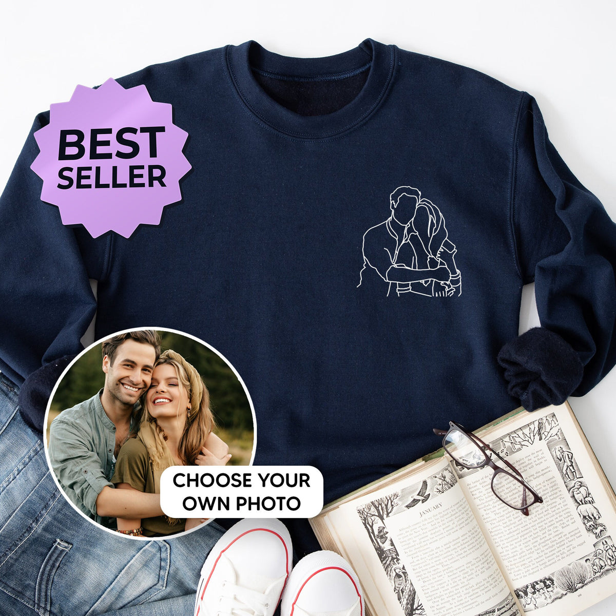 Aangepast portret van foto naar shirt, sweatshirt met omtrekfoto, aangepaste foto, aangepast portret, koppelhoodie, koppelshirt, koppelhoodie