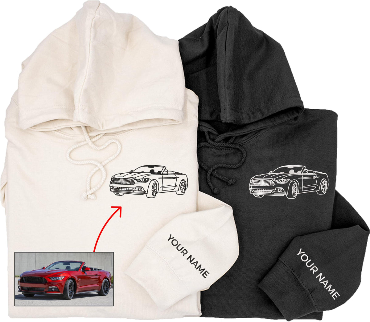Hoodie met geborduurde autofoto en lijntekeningen, sweatshirt met aangepaste autocontouren, hoodie met capuchon