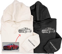 Hoodie met geborduurde autofoto en lijntekeningen, sweatshirt met aangepaste autocontouren, hoodie met capuchon