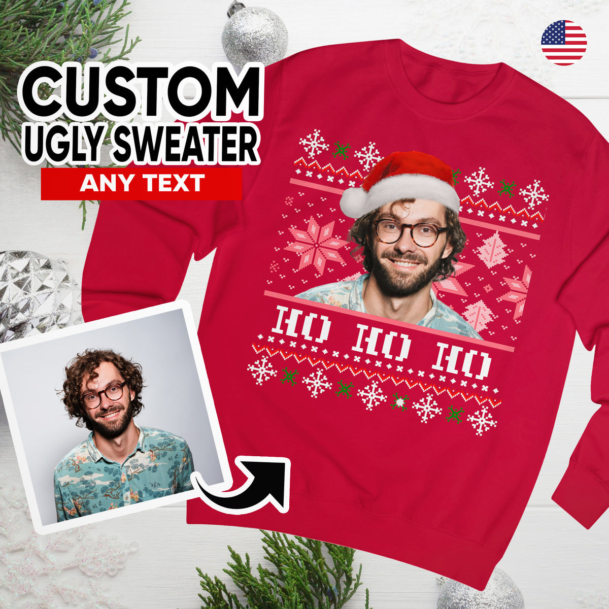 Gepersonaliseerde lelijke kersttrui, fotokersttrui, gepersonaliseerde trui met gezicht, lelijke kerstmuts, gezicht op kersttrui