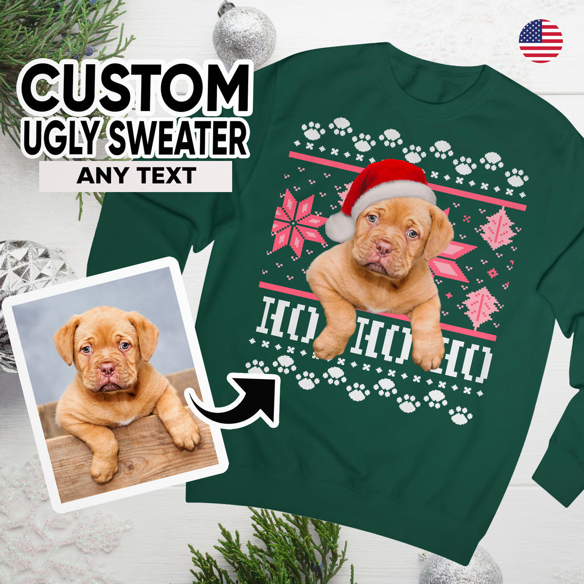 Gepersonaliseerde lelijke hondentrui voor Kerstmis, Kerstmanhond op kersttrui, Kerstmanmutshond