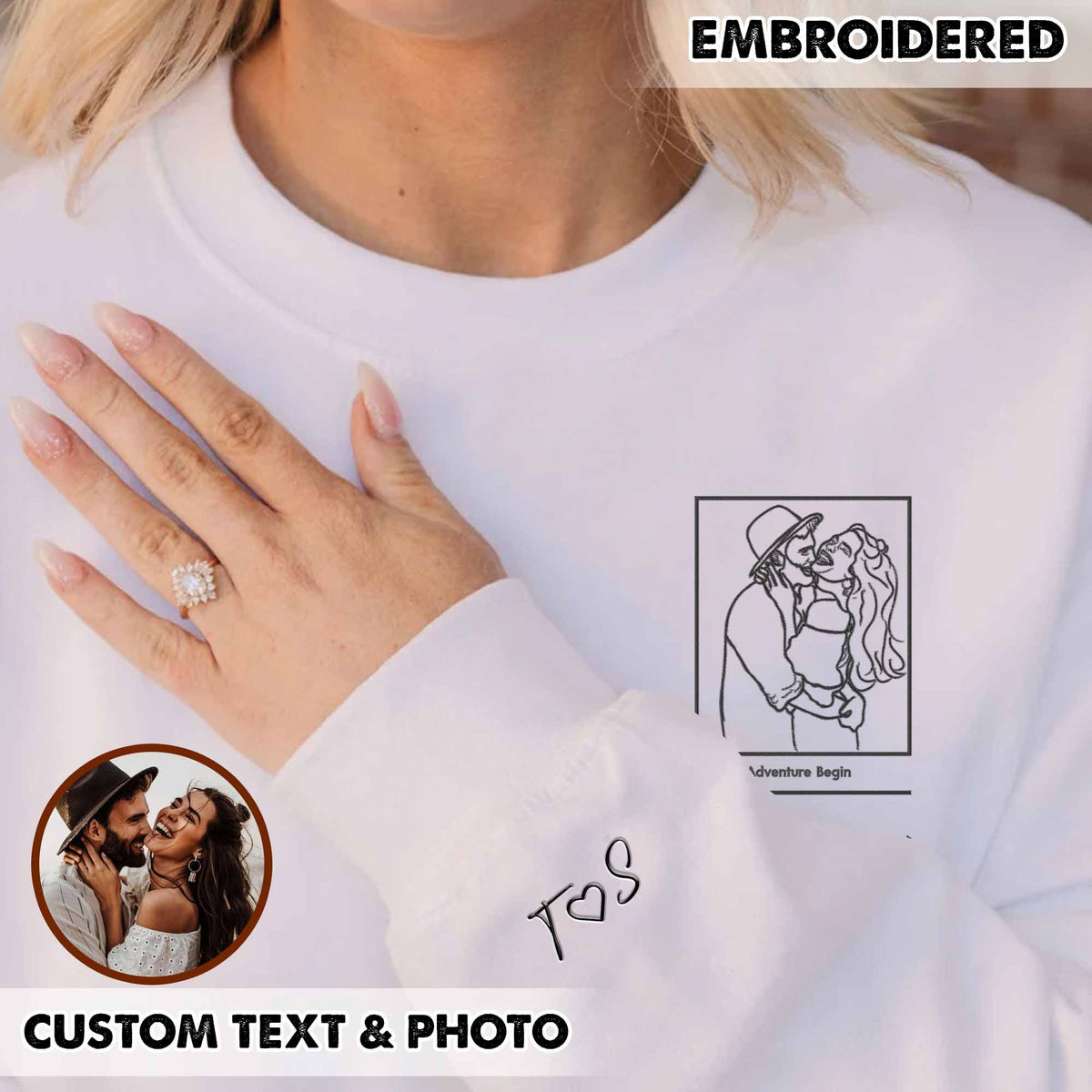 Sweatshirt met geborduurd portret van een foto, sweatshirt met geborduurd koppel