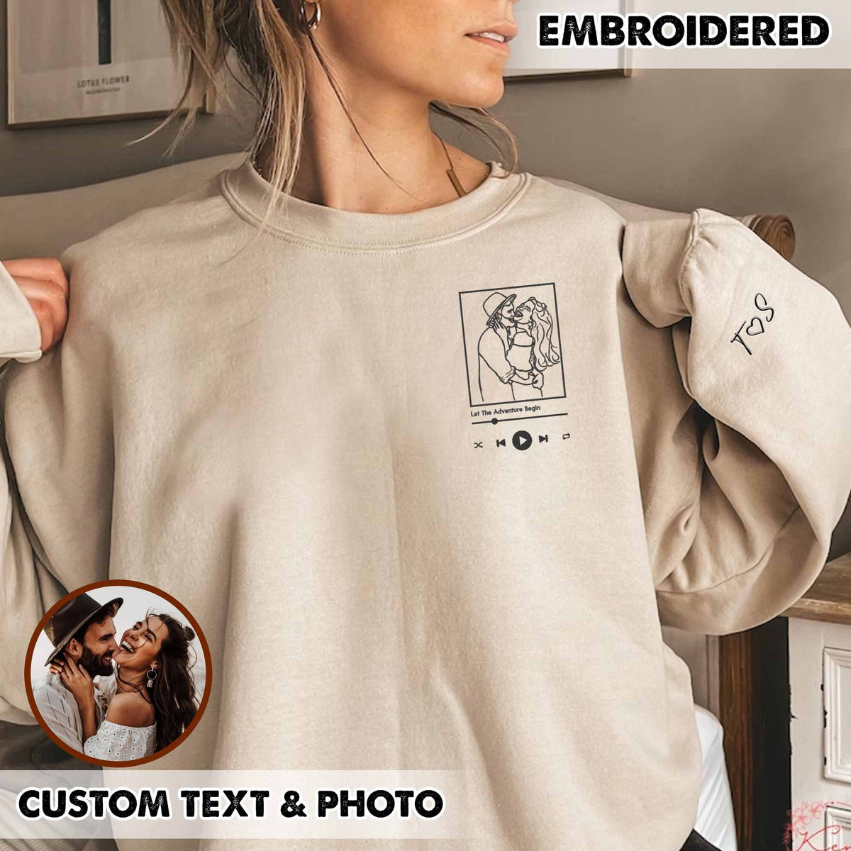 Sweatshirt met geborduurd portret van een foto, sweatshirt met geborduurd koppel