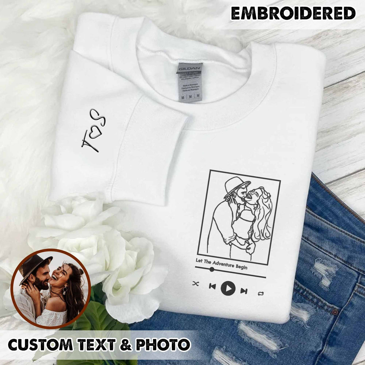 Sweatshirt met geborduurd portret van een foto, sweatshirt met geborduurd koppel