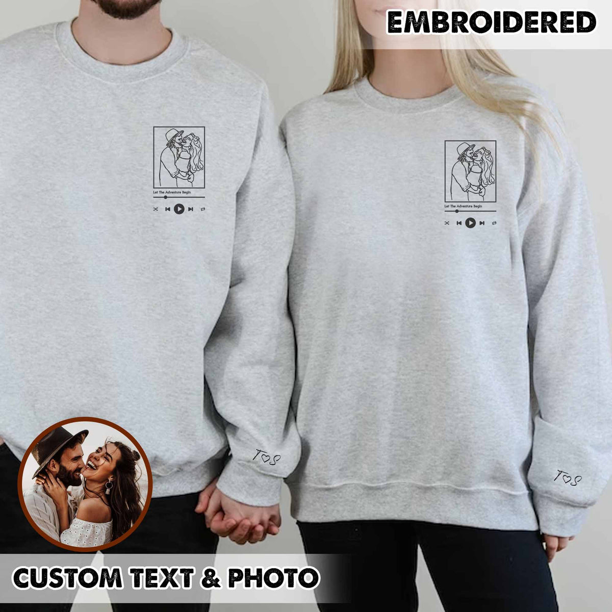 Sweatshirt met geborduurd portret van een foto, sweatshirt met geborduurd koppel