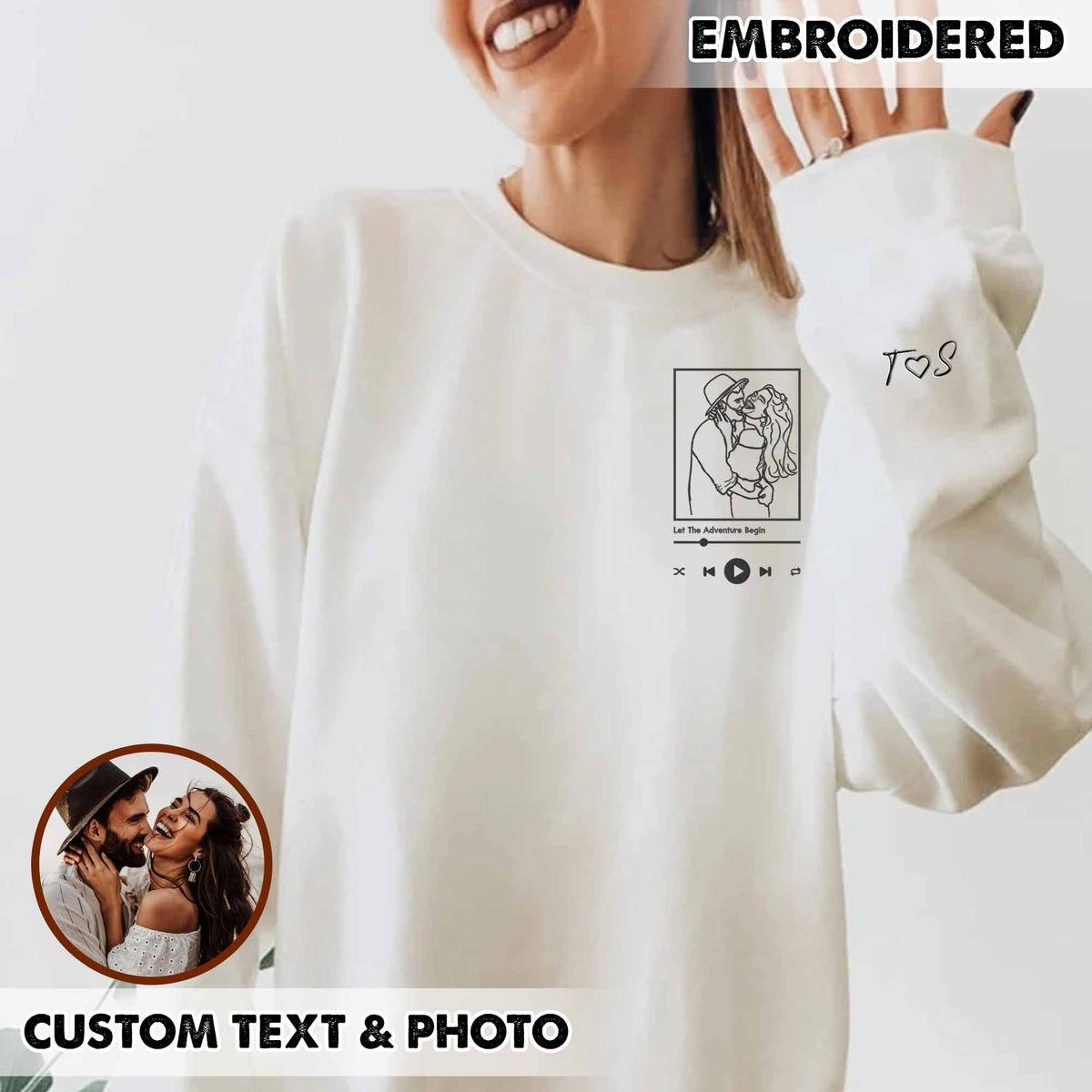 Sweatshirt met geborduurd portret van een foto, sweatshirt met geborduurd koppel