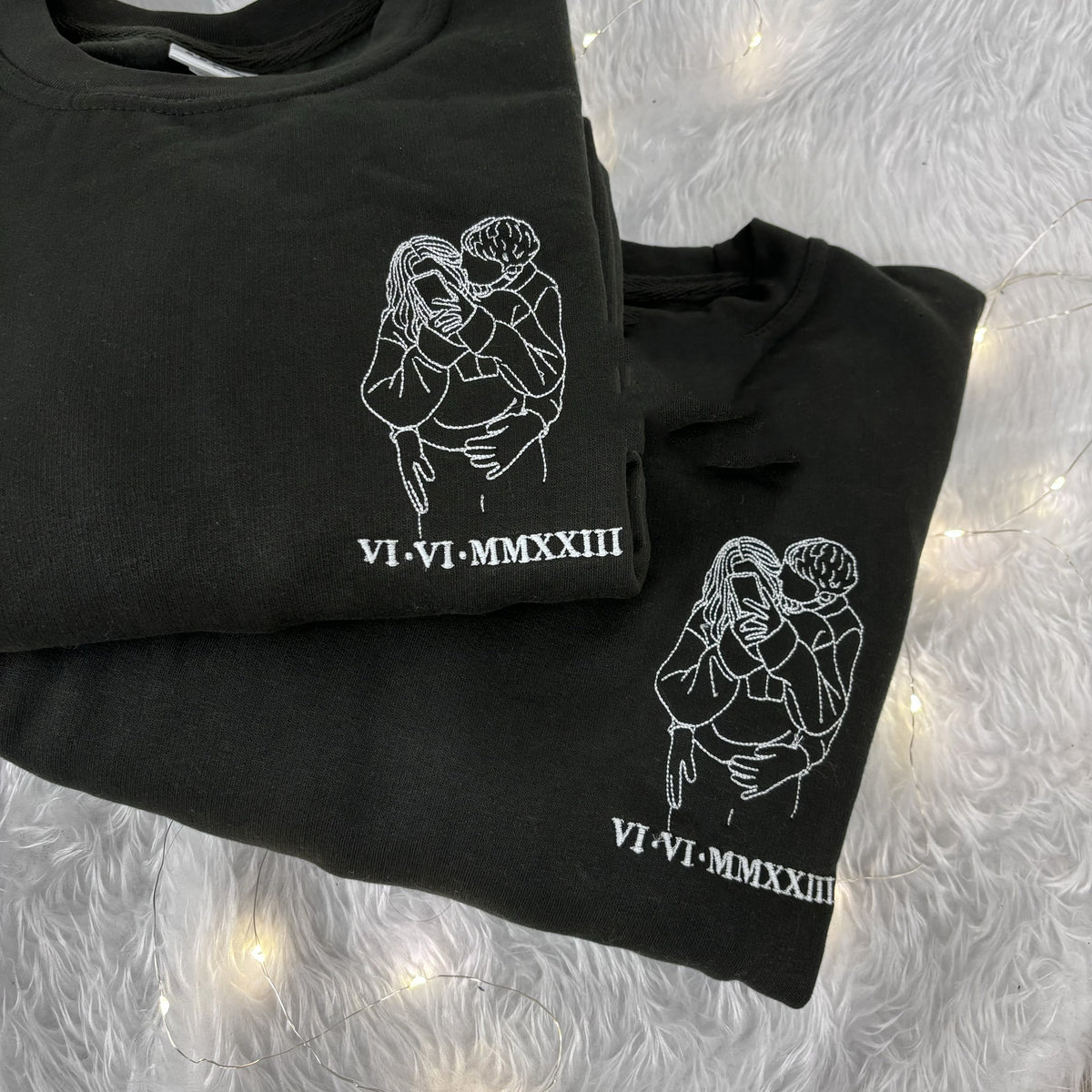 Op maat geborduurde sweatshirt of hoodie met portretcontouren, bijpassende jubileumhoodie met fotocontouren voor vriend, vriendin en hem, op maat gemaakte Romeinse cijfers