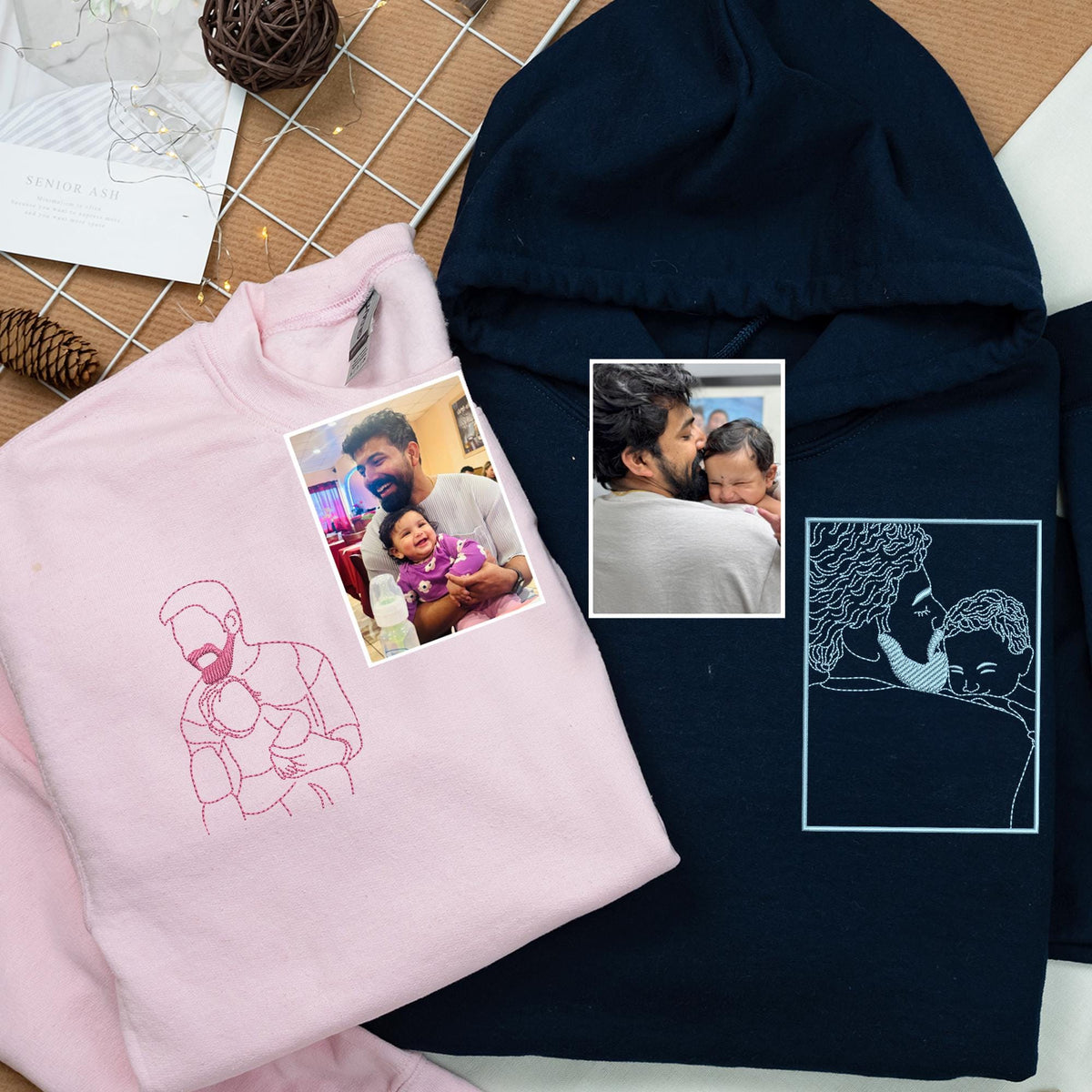 Papa sweatshirt met foto, gepersonaliseerd geborduurd portretshirt met naam op de mouw, vader-dochterportret, papa hoodie, papa cadeau