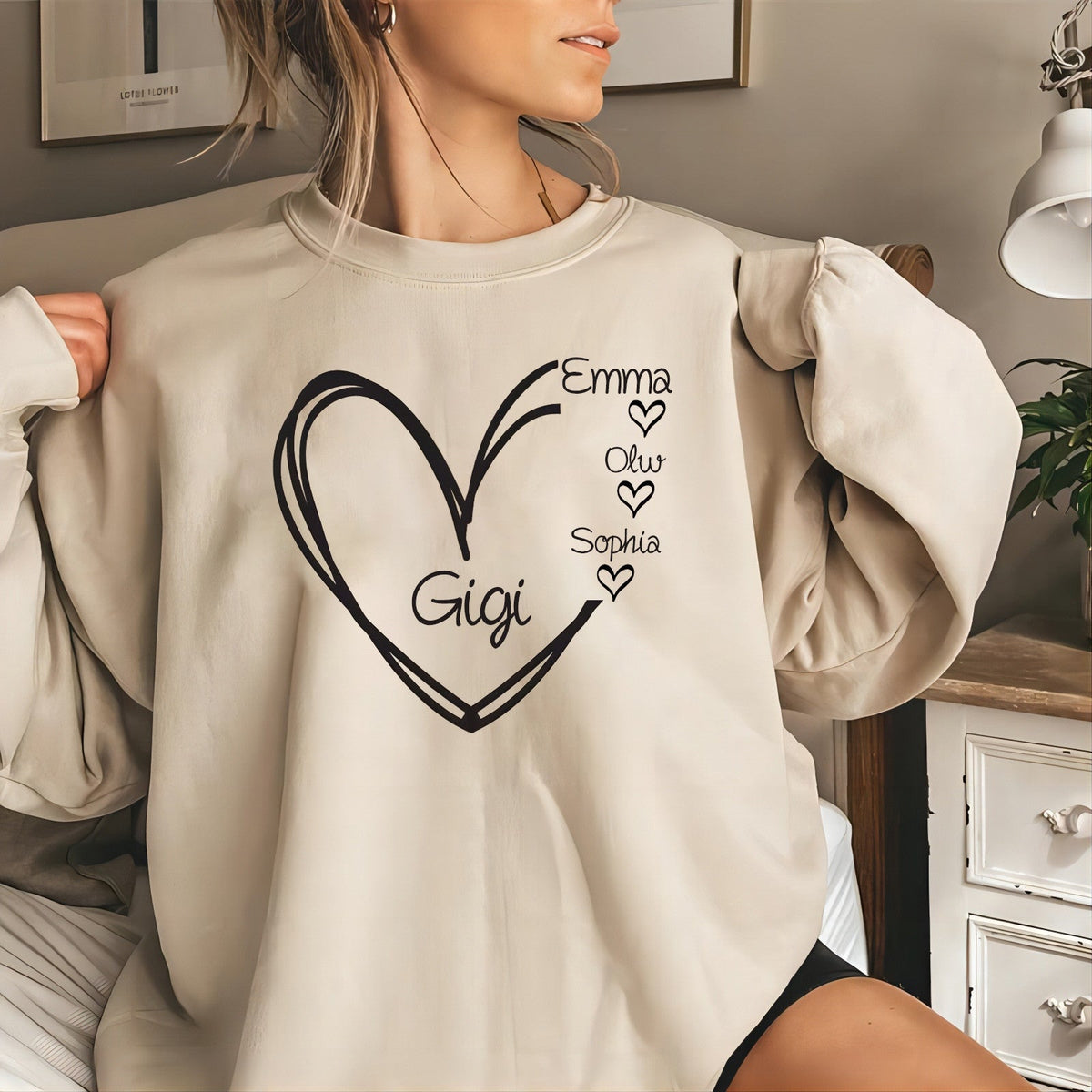 Sweat-shirt avec le nom de l'enfant, sweat-shirt imprimé cœur Grandma Nana Gigi Mom Mama, cadeau fête des mères, cadeau pour nouvelle maman