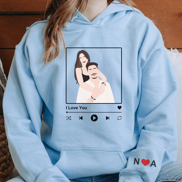 Cadeau voor vriend, gepersonaliseerd koppel, portret zonder gezicht met liedje, hoodie met print/ronde hals