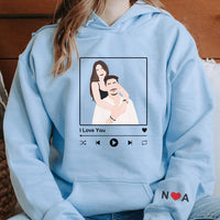 Cadeau voor vriend, gepersonaliseerd koppel, portret zonder gezicht met liedje, hoodie met print/ronde hals